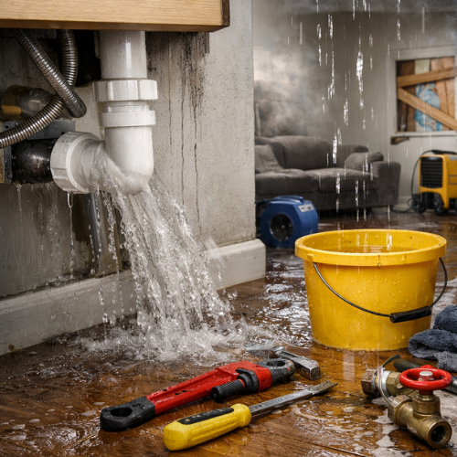 Burst pipe under sink flooding hardwood floor with water while homeowner shuts off valve, illustrating emergency steps to minimize water damage and begin cleanup
