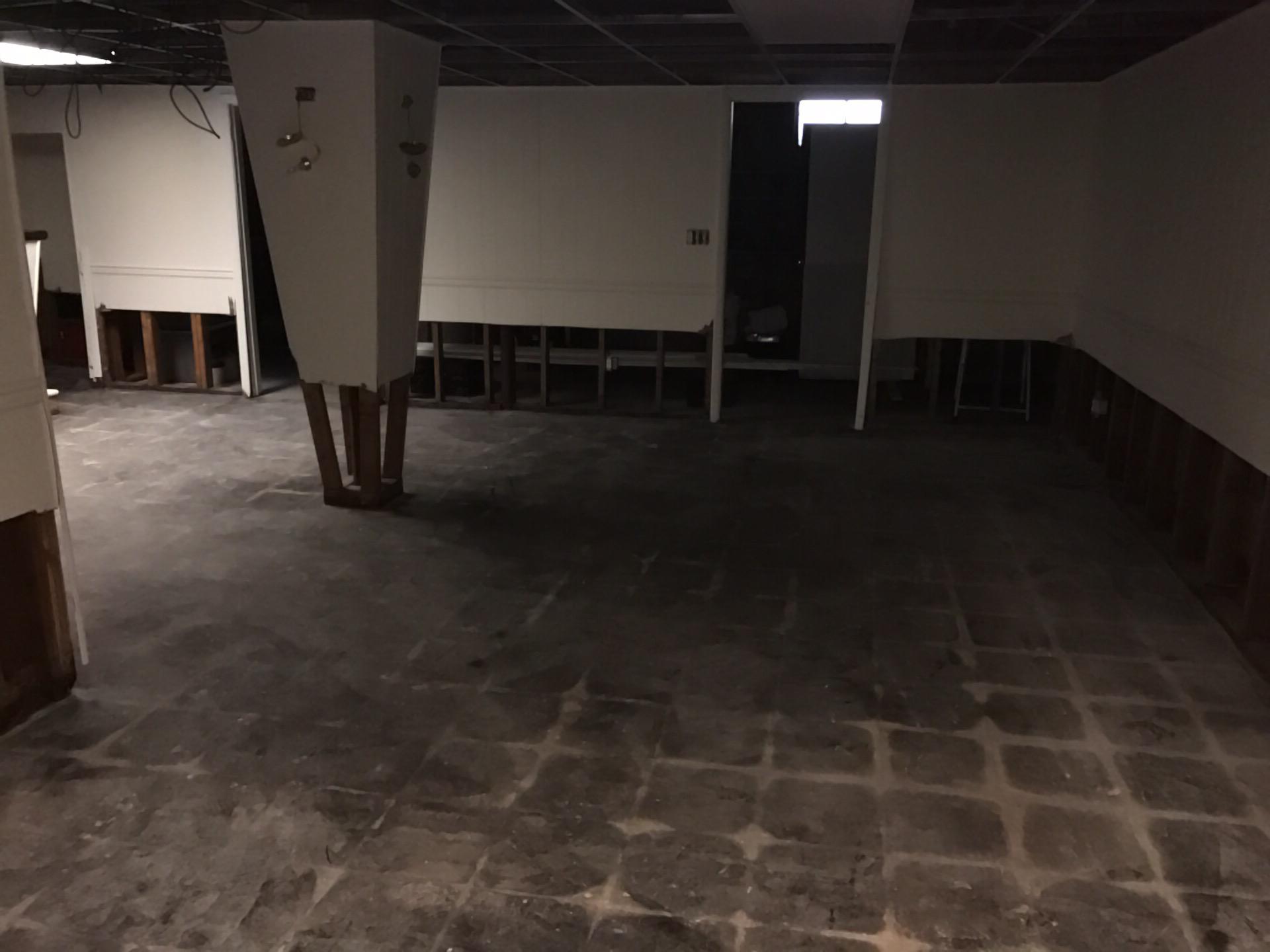 Affected basement flooring and walls